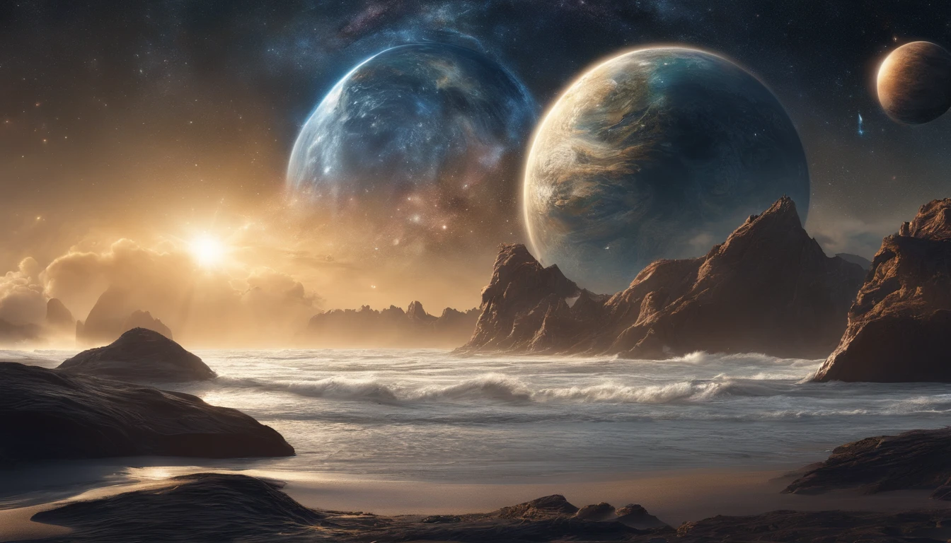 huge planet, the night, starrysky, surrealism, masutepiece, hight resolution、Impressive Milky Way:1.9、sand beach、Vast blue ocean、Blue glacier、lightning bolt:1.9、Protoplanets、pure beauty、Planets to discharge:1.9
