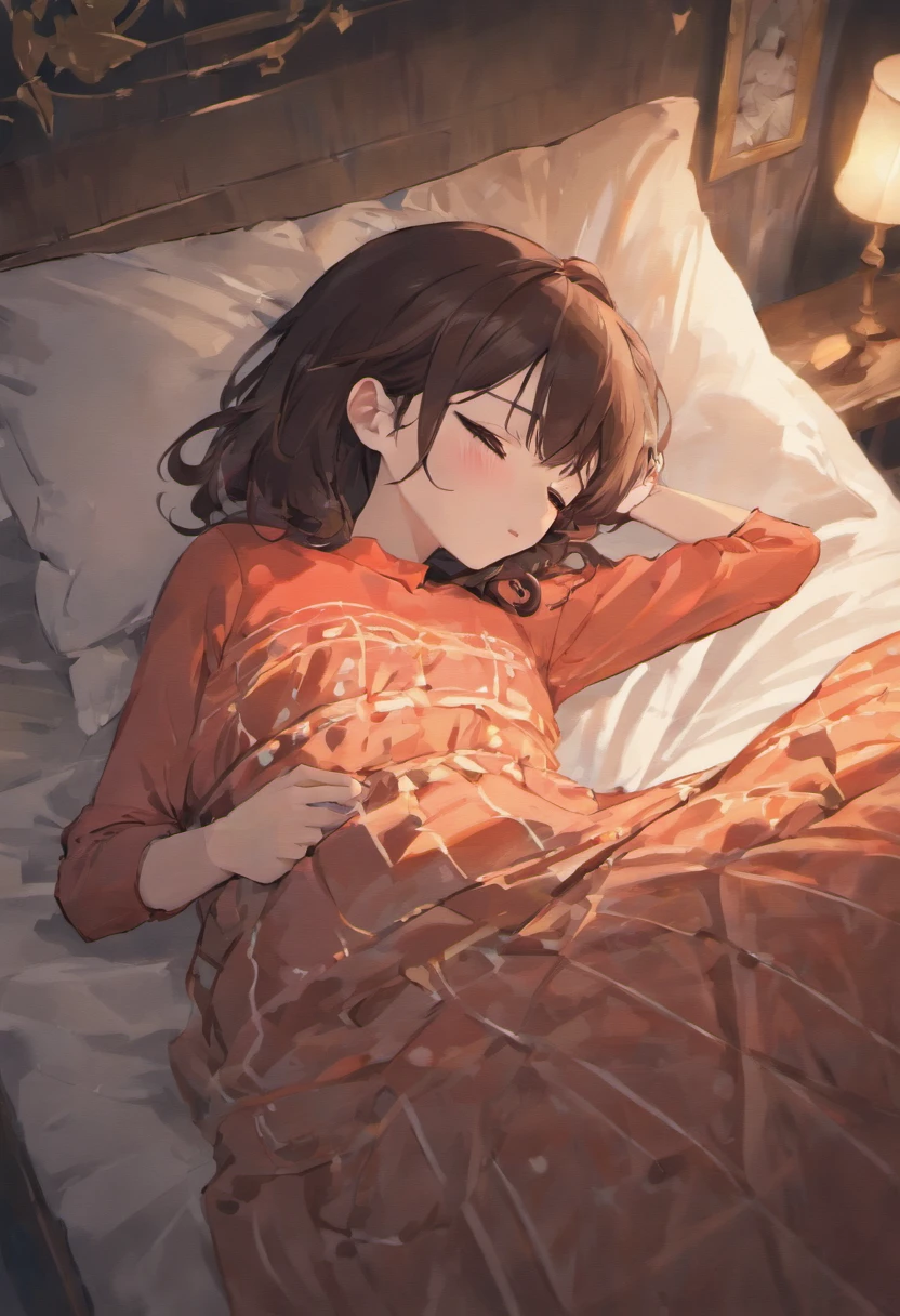 Eyes closed, sleeping, light brown short hair, pink dress