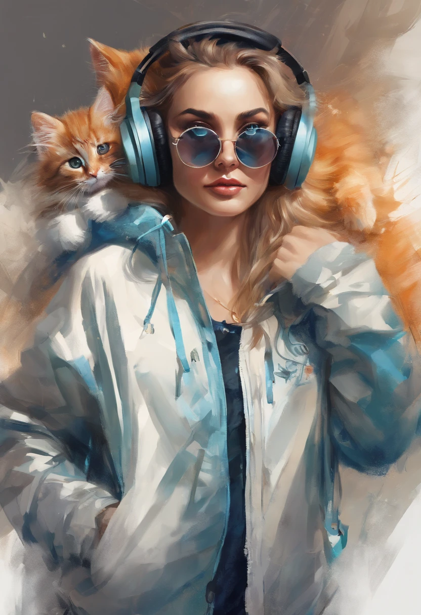 Perfect centering, Cute kitten, Wear a student team jacket, Wearing sunglasses, Wearing headphones, cheerfulness, Standing position, Abstract beauty, Centered, Looking at the camera, Facing the camera, nearing perfection, Dynamic, Highly detailed, smooth, Sharp focus, 8K, high definition resolution, illustration, Art by Carne Griffiths and Wadim Kashin, White background