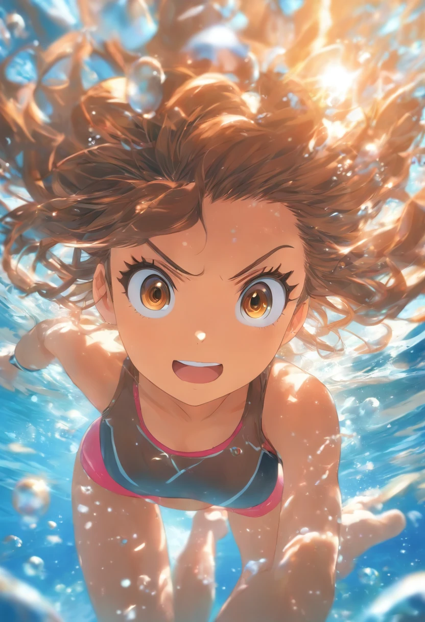foreshortening, depth of fields, masutepiece, Best Quality, 1girl in, Brown hair, Brown eyes, Long hair, under the water, Air bubble, Solo, Looking at Viewer, School Swimsuit, Swimming, Dappled sunlight,