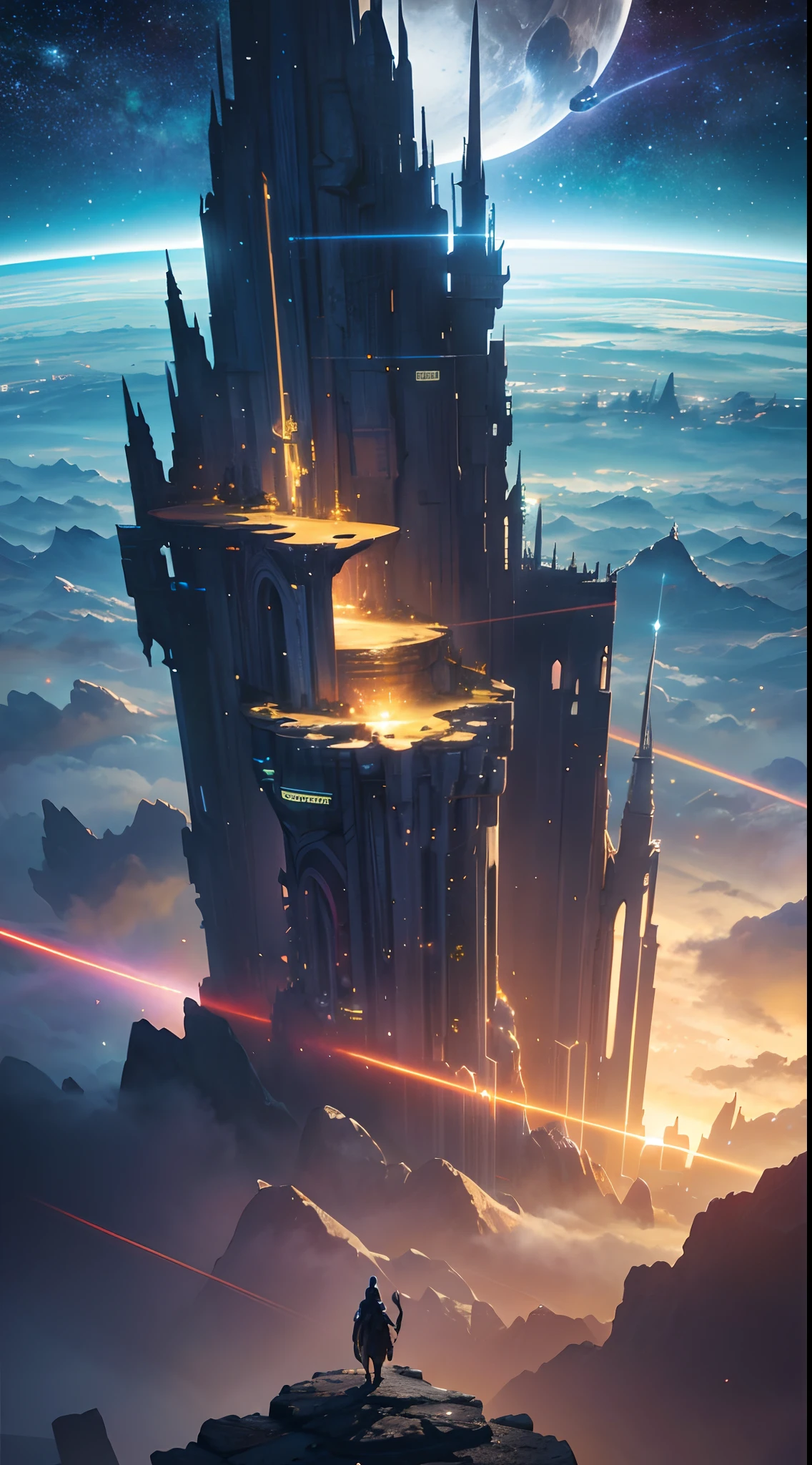 Vanishing point (from above), cinematic lighting, motion blur, flash, ray tracing, high quality, award-winning, best quality, high detail, 16k, 8k,Starry sky and distant fantasy cities and planets with towers, epic fantasy sci fi illustration, fantasy planet, arstation and beeple highly, Fantasy space, fantasy scifi, epic scifi fantasy art, epic dreamlike fantasy landscape, ethereal starlit city at sunset, impressive fantasy landscape, Sci-fi fantasy wallpaper, epic beautiful space scifi, Fantasy Sci-Fi - Fantasy