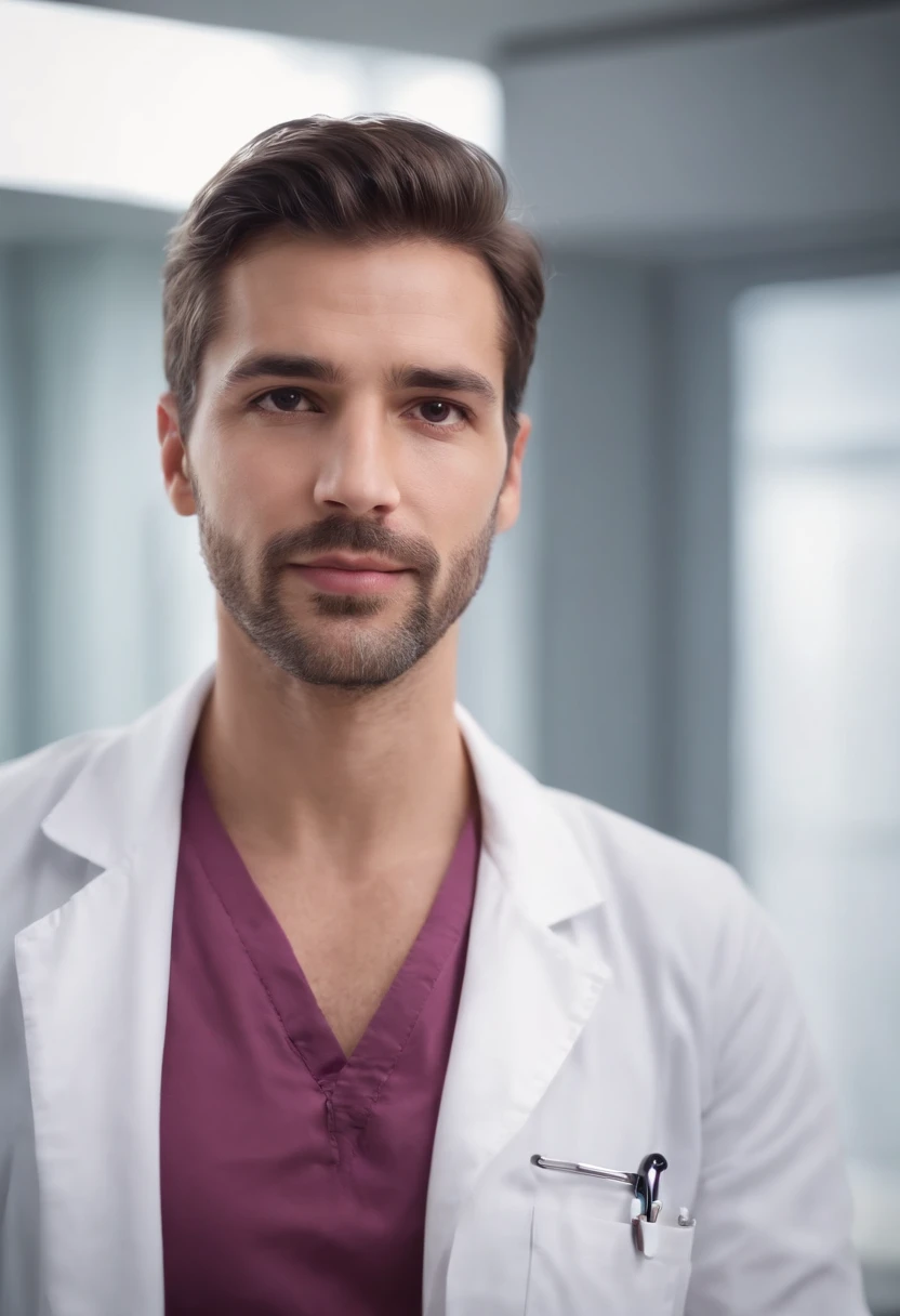 Homem lindo de jaleco medico , barba feita, Man Doctor, jaleco magenta