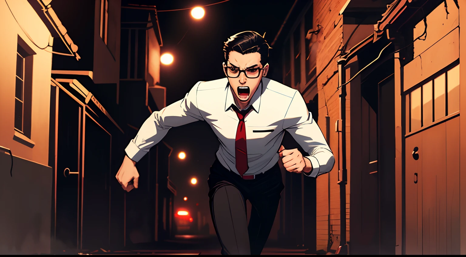 skinny guy, short black hair, glasses, wearing a white shirt, red tie, scared, scream, running, gotham city alley background, night time