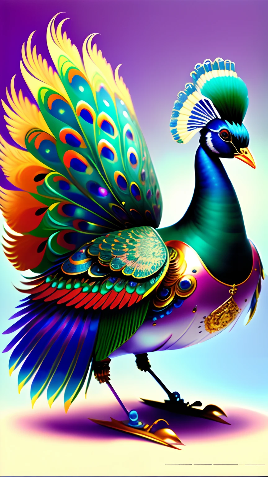 Robot Robots Peacock Robot Wing Ernst Hackel James Jean General Art, Baroque, Complex forms, fraction, movie still, Realistic, Bright peacock plumage., Intricate, Elegant, high-detail, Digital Imaging, Artstation, smooth, Sharp focus, illustration, Outrun, Vapors, full-body-shot