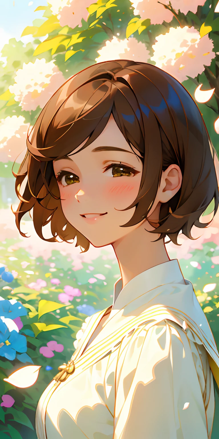 (top quality, masterpiece, ultra-realistic), one beautiful delicate portrait of a girl with short hair, brown hair, smiling, soft and peaceful expression, squinting eyes full of joy, the background landscape is a garden with petals and puffs flying around. --v6