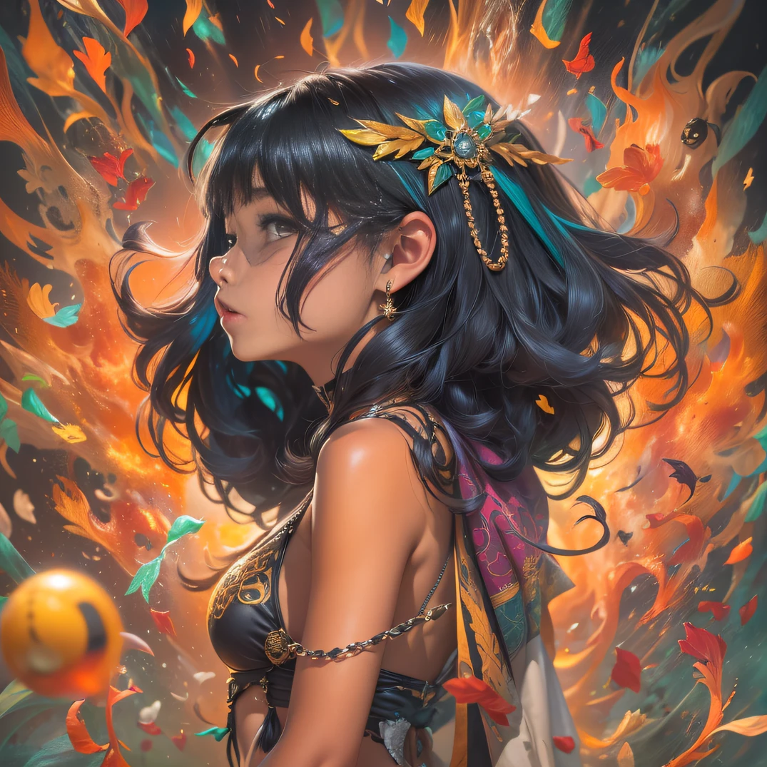 (Girl with bright black hair)(Best quality, A high resolution, Vivid colors, (Cartoon Goddess), (comic strip))Forged hammer pattern,Wear silver bikini fringed shorts and a tassel necklace
,oguchi,sedate,massiness,Shiny and warm,Flowing silk cape