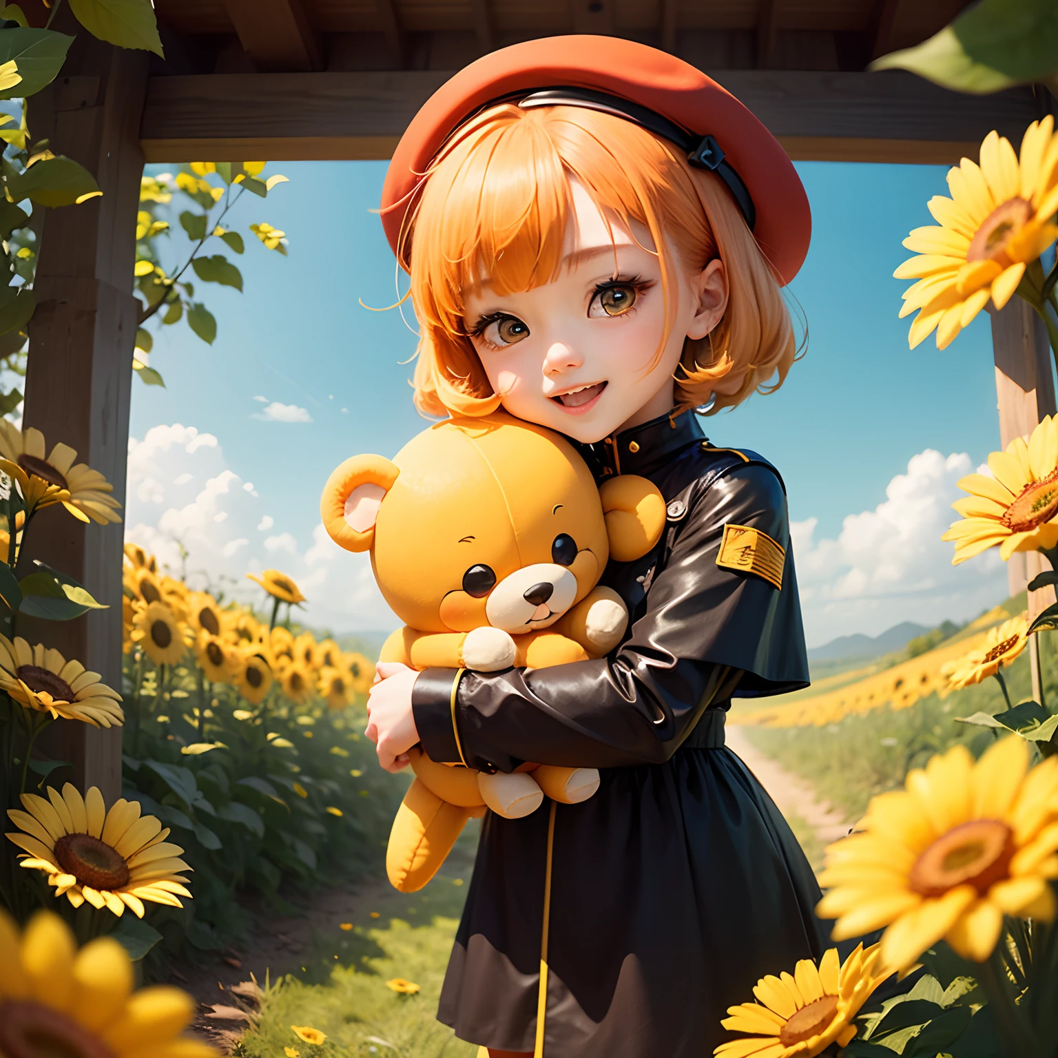 ​masterpiece、top-quality、ultra-detailliert、(Chibi Chara's Daughter:1.2)、Open your mouth and smile、Orange hair color、Yellow beret、Orange Yellow Wraith、Orange and yellow Marguerite field、Hugging a yellow stuffed animal、Standing、