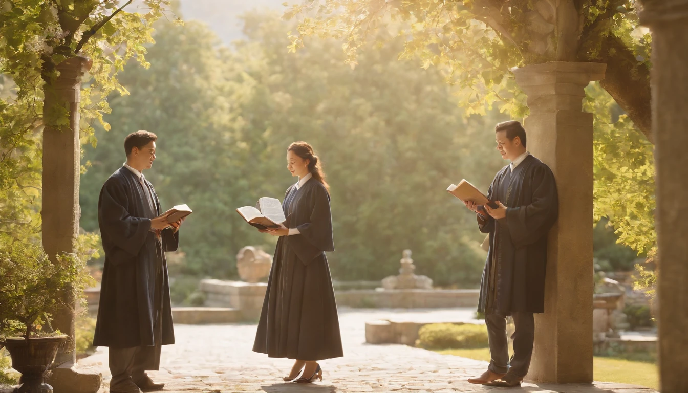 (Best Quality,Ultra-detailed,realisitic:1.37),portrait of a,Korean men and women reading the Bible,Oil Painting,Cathedral attire, View of the cathedral in the distance,Peaceful garden scene,Soft sunlight,tranquil expression,wisdom,Bible Quotes,vibrant colours,delicate brushwork,subtle textures,lush greenery,Contemplative atmosphere,Beautiful picture book,Highlighted features:Eyes in focus,gentle smiling,Graceful posture,Sunlight shining through the trees,rays,Quiet surroundings,serene ambiance,A Blessed Moment