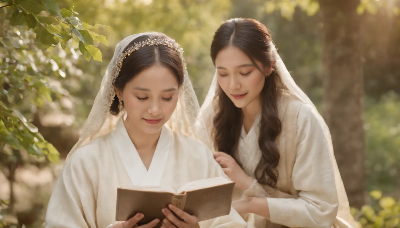 (Best Quality,Ultra-detailed,realisitic:1.37),portrait of a,Korean men and women reading the Bible,Oil Painting,Cathedral attire, View of the cathedral in the distance,Peaceful garden scene,Soft sunlight,tranquil expression,wisdom,Bible Quotes,vibrant colours,delicate brushwork,subtle textures,lush greenery,Contemplative atmosphere,Beautiful picture book,Highlighted features:Eyes in focus,gentle smiling,Graceful posture,Sunlight shining through the trees,rays,Quiet surroundings,serene ambiance,A Blessed Moment