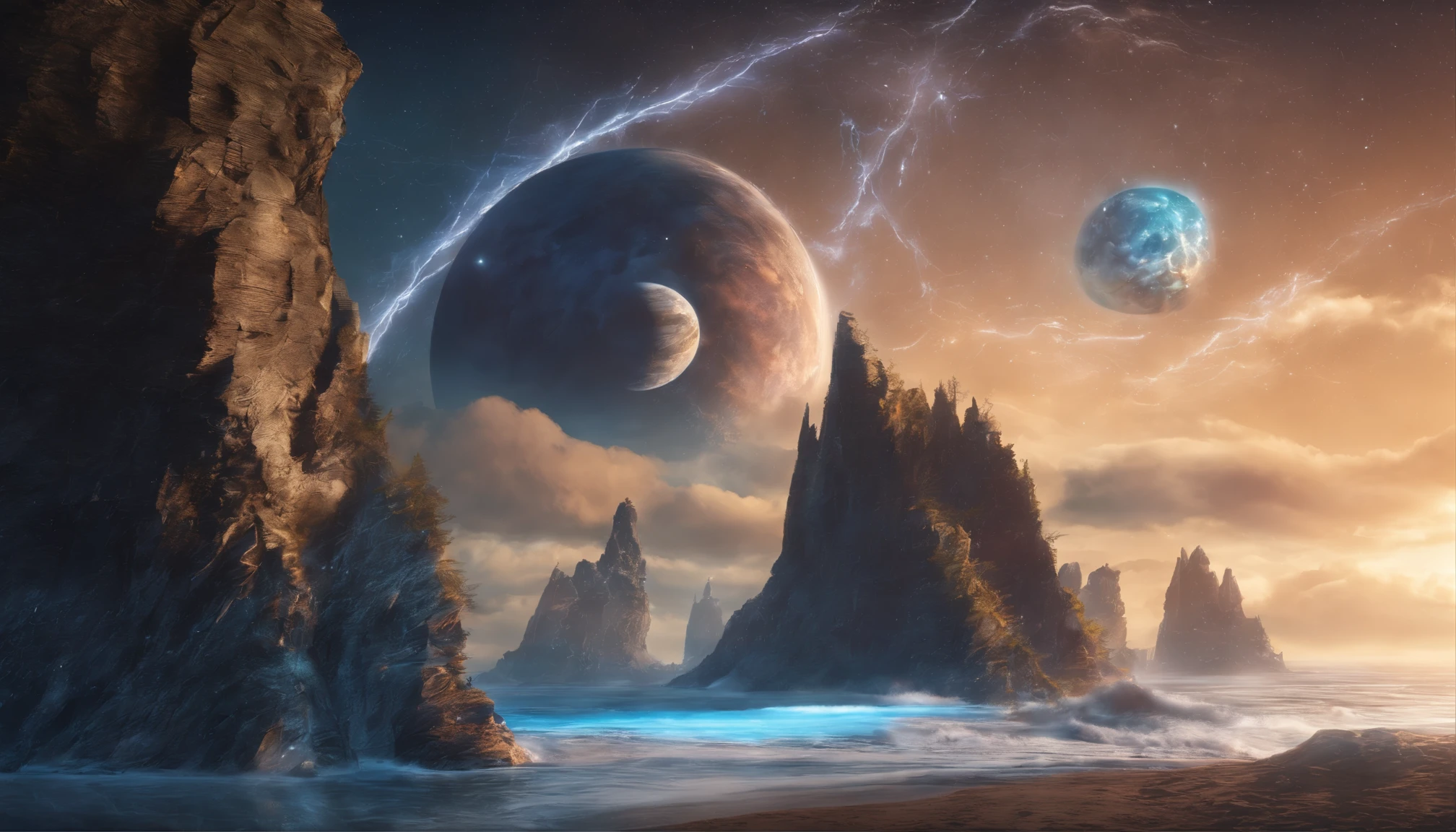huge planet, the night, starrysky, surrealism, masutepiece, hight resolution、Impressive Milky Way:1.9、sand beach、Vast blue ocean、Blue glacier、lightning bolt:1.9、Protoplanets、pure beauty、Planets to discharge:1.9