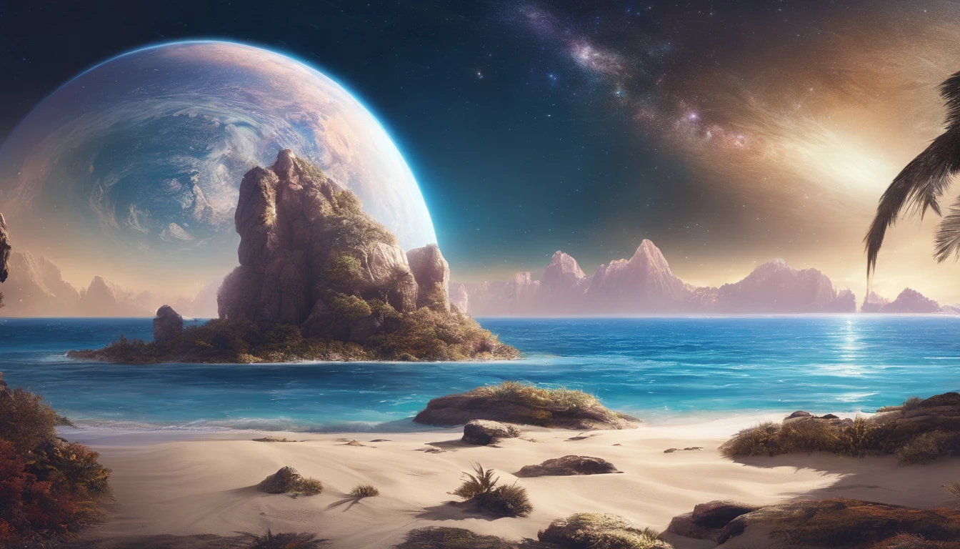 huge planet, the night, starrysky, surrealism, masutepiece, hight resolution、Impressive Milky Way:1.9、sand beach、Vast blue ocean、Blue glacier、lightning bolt:1.9、Protoplanets、pure beauty、Planets to discharge:1.9