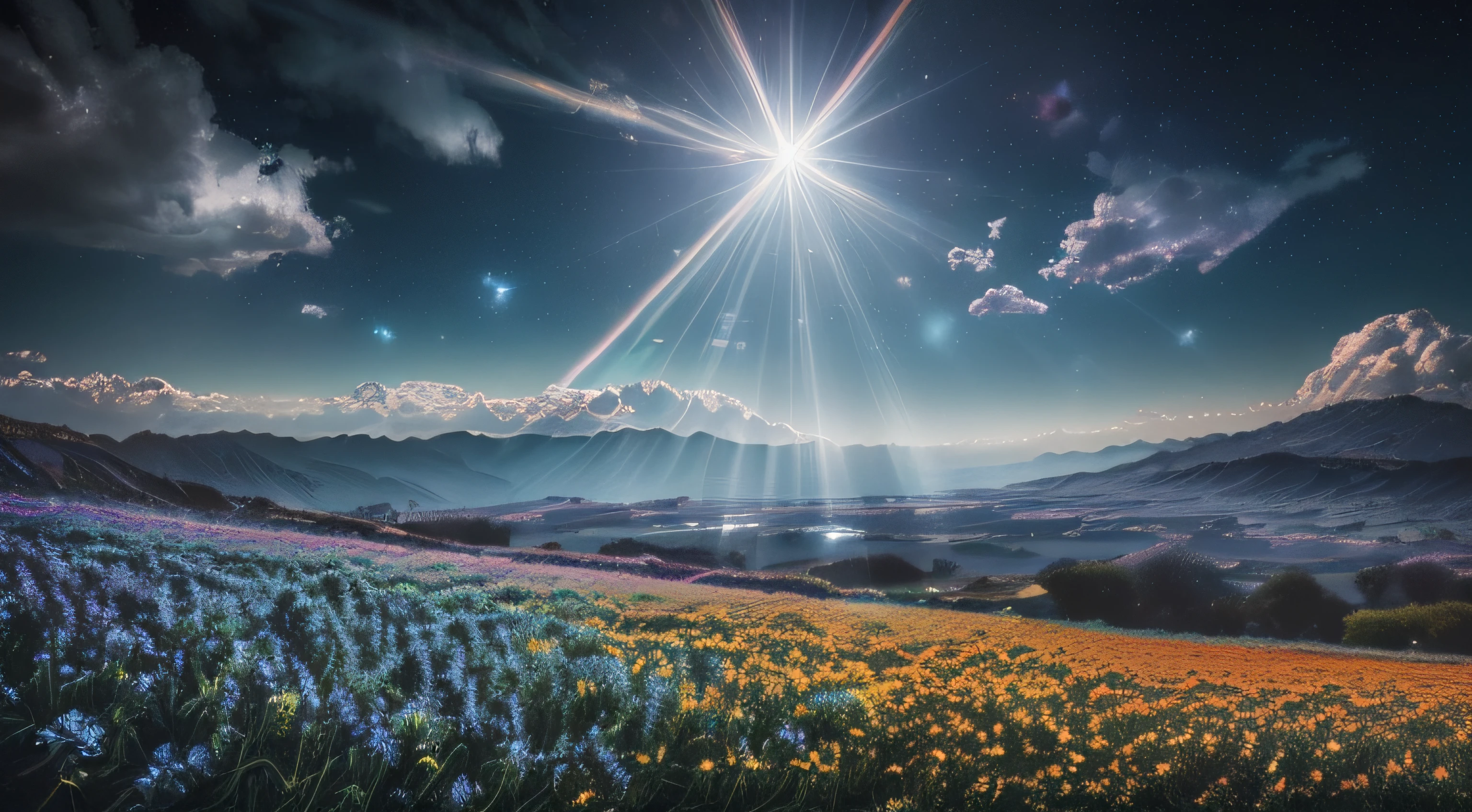 (((a praire with many colorful flowers, mountains in the distance, clouds, sun rays pierce the clouds, lens flares))),(((oil painting style))),((top quality)),(masterpiece: 1.5), (8 k CG wallpaper), (Masterpiece :1.3),(Fluorescent, complex, surreal, amazing, Incredible, serene, silent), (Top quality),(Ultra-detailed, high-resolution, extremely detailed :1.5), (Exquisite, beautiful, mysterious, complex, surreal :1.4), (Orange:1.1), (Grey:0.9), (Blue :1.4) (dreamy, starlight atmosphere: 1.4)), subtle, low-key mood:), ((high resolution: 1.5)),(high brightness, high contrast: 1.4), (perfect catch light and shadow:1.3), glitching, glitch, (blue analogous-colors:1.5)