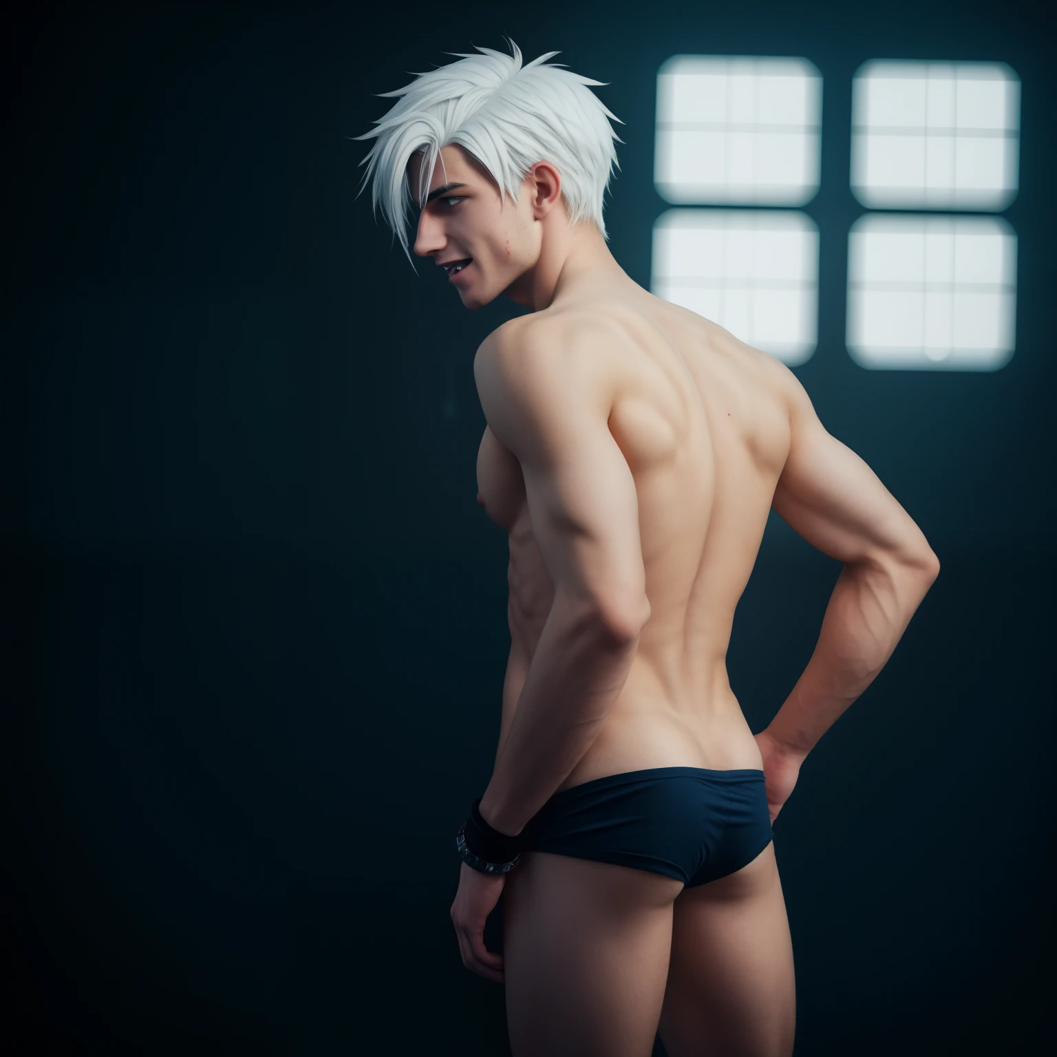male posing, (skinny body), atmospheric, cute masculine square face, white hair, dead inside, chainlet, bokeh, background blur, chromatic aberration, tight boxers, long tongue, bloody fangs, full body view, back view, (side view)