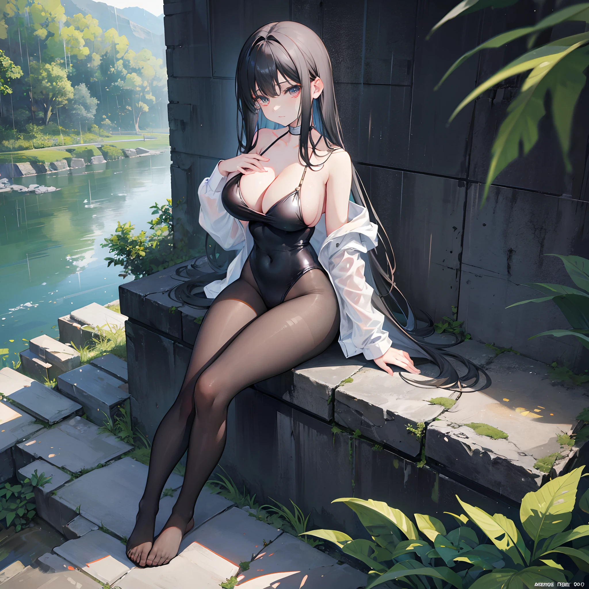 Stone corridor outside the cliff，Vista of an artificial lake，Heavy rainy days，lacepantyhose，black long hair，gigantic cleavage breasts，sit on chair，Full body like， Straighten your legs，Miniature swimsuit,No shoes,Corridor edge，Gaze at the view outside，Heavy rain