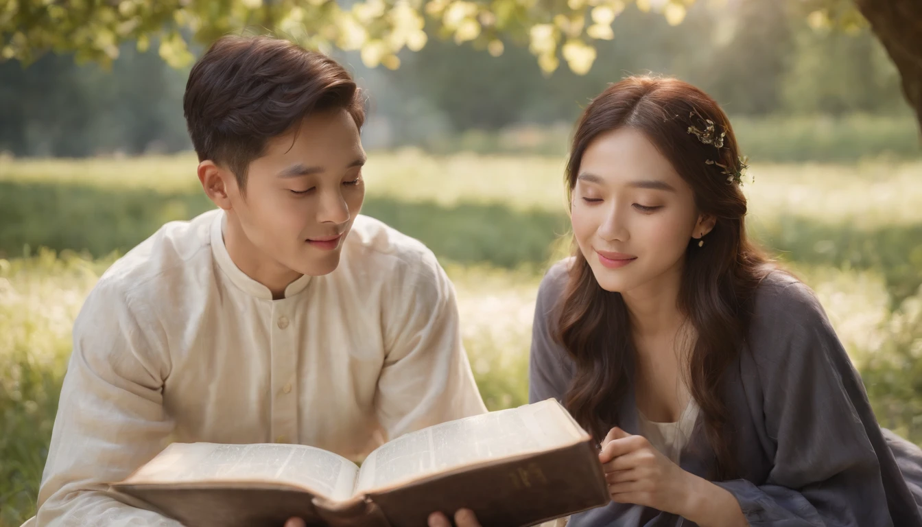 (Best Quality,Ultra-detailed,realisitic:1.37),portrait of a,Korean men and women reading the Bible,Oil Painting,Cathedral attire, View of the cathedral in the distance,Peaceful garden scene,Soft sunlight,tranquil expression,wisdom,Bible Quotes,vibrant colours,delicate brushwork,subtle textures,lush greenery,Contemplative atmosphere,Beautiful picture book,Highlighted features:Eyes in focus,gentle smiling,Graceful posture,Sunlight shining through the trees,rays,Quiet surroundings,serene ambiance,A Blessed Moment