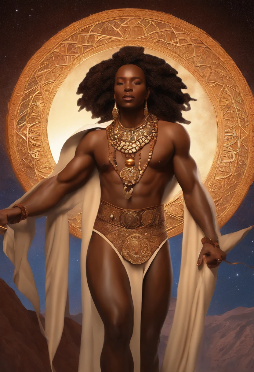 I am looking to generate a captivating 3D rendering (Professional: 1.3) that embodies the epitome of artistic realism (Realistic: 1.3). The subject is Sibola, an African warrior, King of Canyons, exuding strength and nobility.
Sibola, the King of Canyons, is envisioned standing tall, adorned in a regal ensemble blending beige and red hues. The attire should be intricate and detailed, showcasing the richness of African tribal garments (African Tribal Clothing: 1.4), meticulously utilizing varied fabrics. He has tightly coiled, Afro-textured hair.
The artistic approach leans towards impressionism and Afrofuturism, aiming for an 8K resolution (Realistic 8K Full Body Rendering: 1.3). The emphasis is on capturing fine skin pores, with dramatic lighting and heavy shading to accentuate every contour.
Sibola's visage should exude a maternal, cosmic deity-like aura, radiating a vibratory and realistic presence. This depiction should embody an amalgamation of Loïsh's ethereal touch (Loïsh: 0.23), Ilya Kuvshinov's artistry, Greg Rutkowski's complexity, and the decadence of Alphonse Mucha's work.
The lighting design incorporates global illumination, studiolight, and volumetric light, against a backdrop of a dark starry night (Dark Starry Night Background: 1.3). Additionally, elements like coastlines, floating particles, and a touch of fantasy will enhance the overall fantasy element.
The focus of the artwork is on intricate details (Complex: 1.4) and a decadent touch, maintaining a very high resolution (Very Detailed: 1.4). The execution will be akin to digital painting, utilizing octane rendering and art stations (Octane Render, Art Stations, Concept-Art: 1.3). The aesthetic should encapsulate smoothness and sharpness, akin to the essence of art's germination