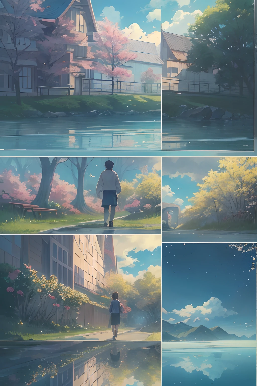 Comic storyboard:1.8, comic strip,Cartoon Split,Storyboard,Masterpiece, Anime magicians walk through large swathes of seawater, Bright starry sky. Romantic cherry blossoms, Makoto Shinkai's picture, Pisif, concept-art, Lofi art style, Reflection. By Makoto Shinkai, Lofi art, beautiful anime scenes, Anime landscape, Detailed scenery —width 672, in the style of makoto shinkai, Makoto Shinkai's style, Enhanced detail., 32K ,hyper HD