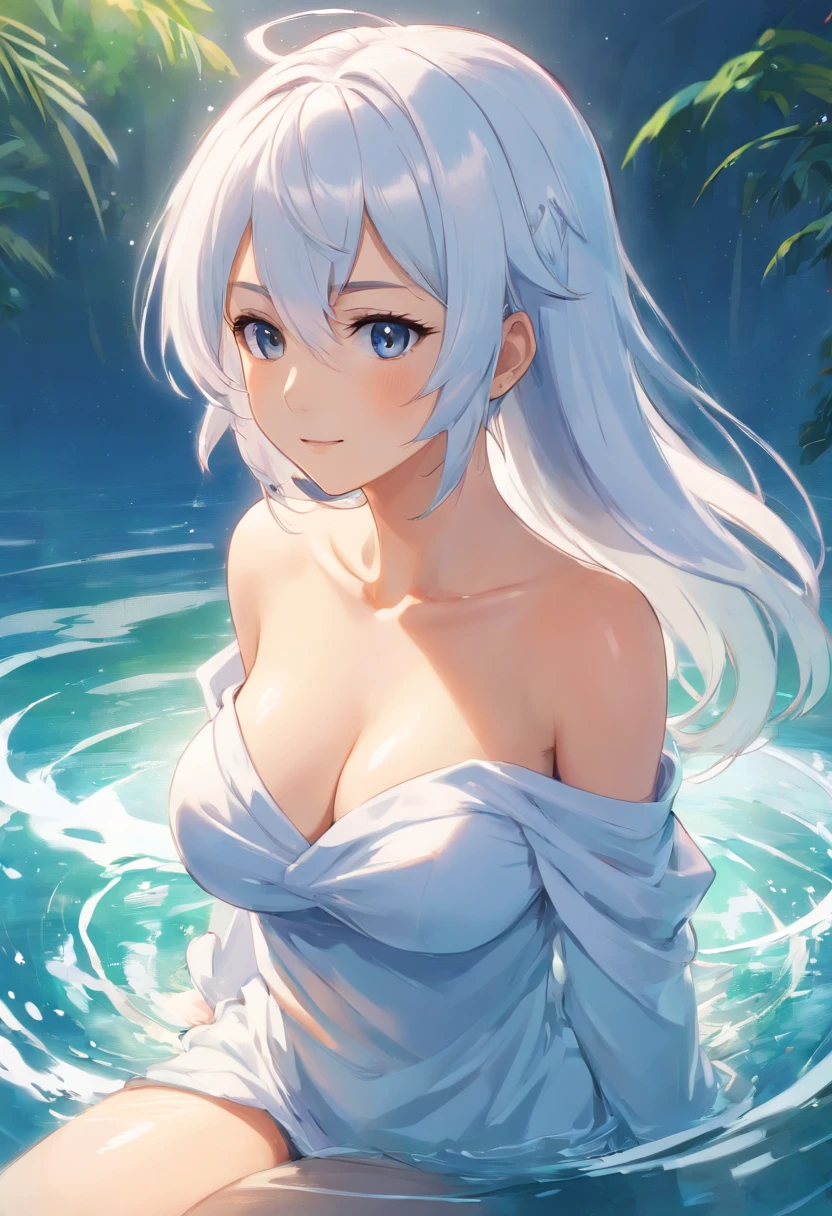 one-girl,White tones,white clothes,Off-the-shoulder attire,cleavage,Large breasts,White hair,ssmile,looks into camera,Half of his body is in the water