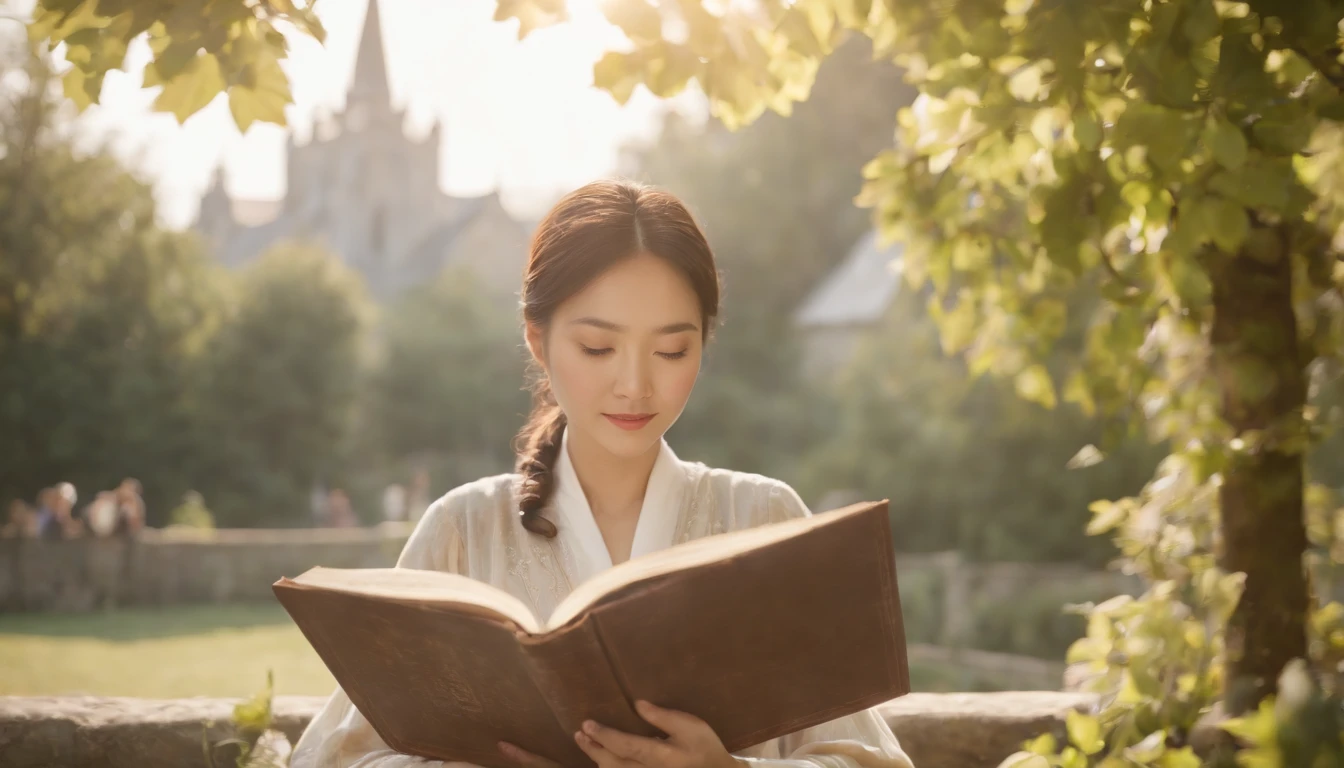 (Best Quality,Ultra-detailed,realisitic:1.37),portrait of a,Korean men and women reading the Bible,Oil Painting,Cathedral attire, View of the cathedral in the distance,Peaceful garden scene,Soft sunlight,tranquil expression,wisdom,Bible Quotes,vibrant colours,delicate brushwork,subtle textures,lush greenery,Contemplative atmosphere,Beautiful picture book,Highlighted features:Eyes in focus,gentle smiling,Graceful posture,Sunlight shining through the trees,rays,Quiet surroundings,serene ambiance,A Blessed Moment