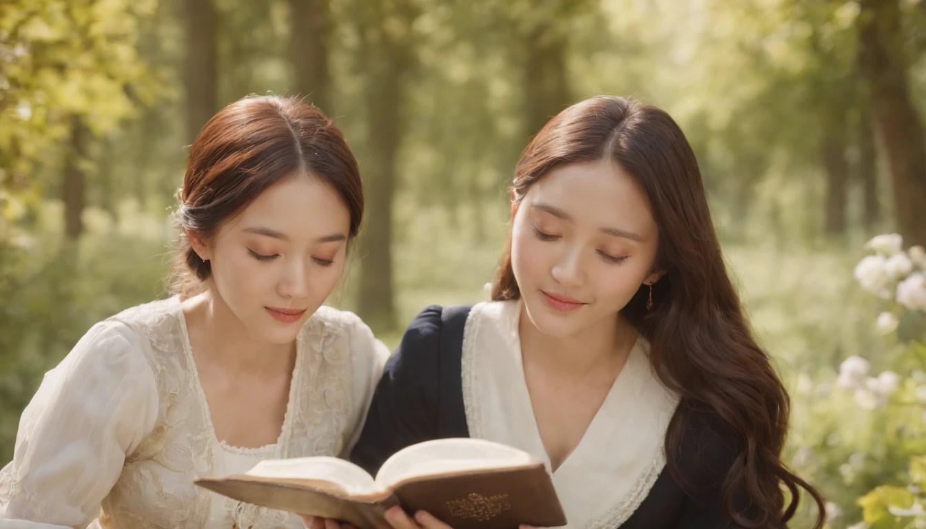 (Best Quality,Ultra-detailed,realisitic:1.37),portrait of a,Korean men and women reading the Bible,Oil Painting,Cathedral attire, View of the cathedral in the distance,Peaceful garden scene,Soft sunlight,tranquil expression,wisdom,Bible Quotes,vibrant colours,delicate brushwork,subtle textures,lush greenery,Contemplative atmosphere,Beautiful picture book,Highlighted features:Eyes in focus,gentle smiling,Graceful posture,Sunlight shining through the trees,rays,Quiet surroundings,serene ambiance,A Blessed Moment
