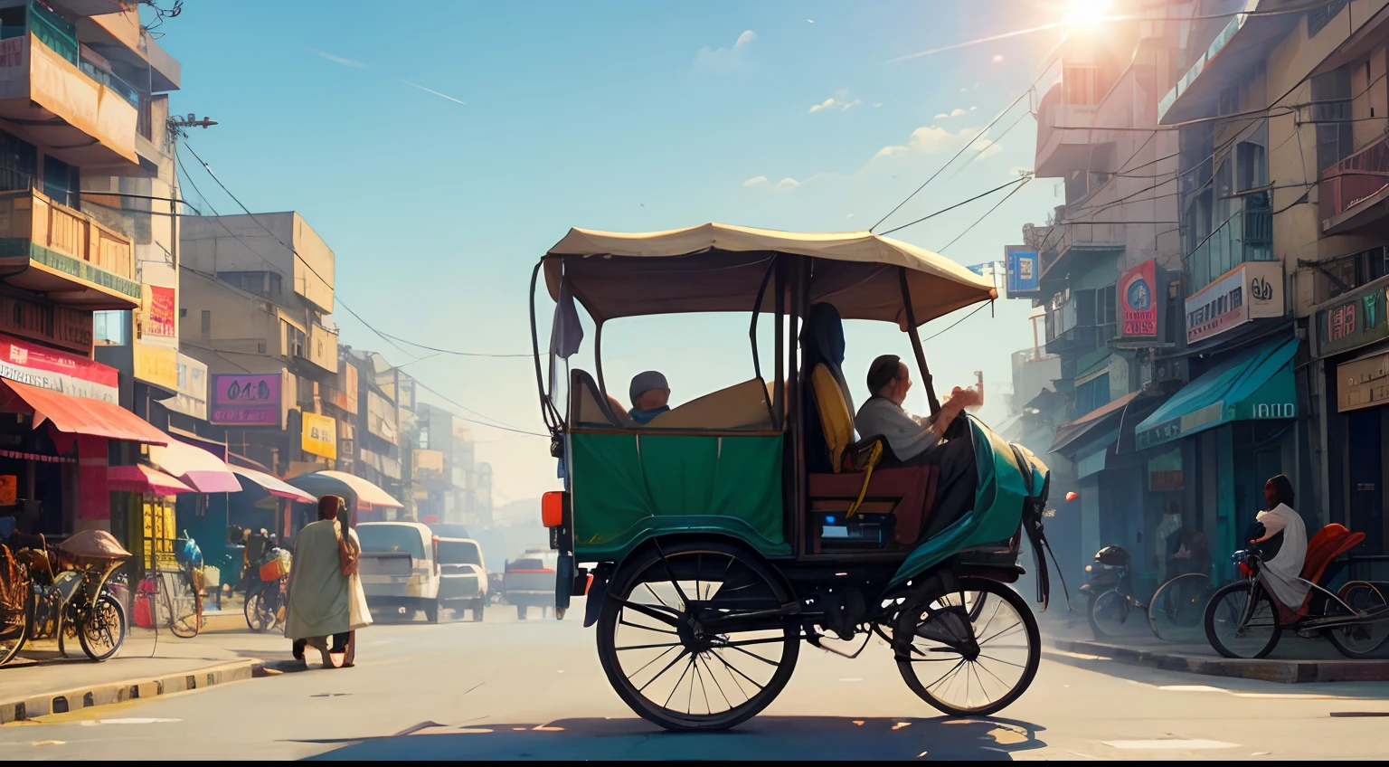 Rickshaw in street, pakistan, karachi, desi, pixel art, blue sky, lens flare, depth of field