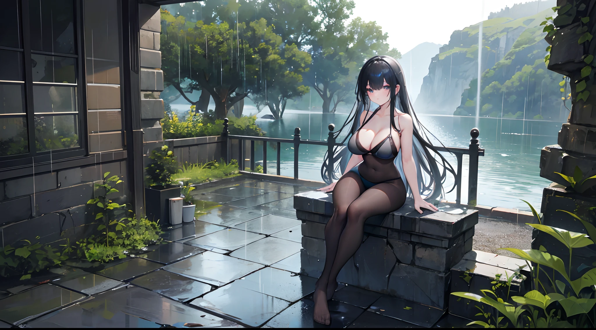 Stone corridor outside the cliff，Vista of an artificial lake，Heavy rainy days，lacepantyhose，black long hair，gigantic cleavage breasts，sit on chair，Full body like， Straighten your legs，Miniature swimsuit,No shoes,Corridor edge，Gaze at the view outside，Heavy rain