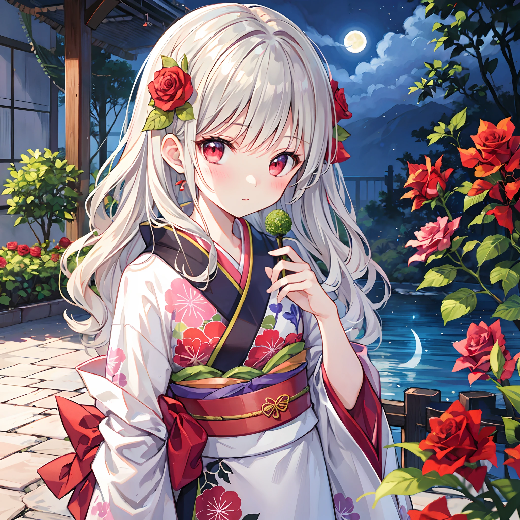 Wavy Gray Hair、red eyes、Beautiful girl alone、Kimono、rose garden、a moon、red blush、
