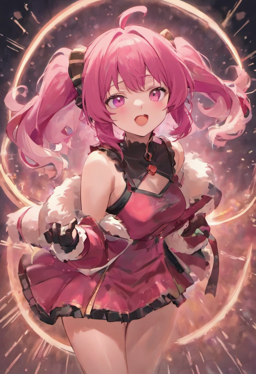 Masterpiece,1girll, serine,Pink_Hair, mitts, black_mitts, fur_Trim, Hat, santa_Costume, Christmas, Open_Mouth, Smile, bell, Solo, Red_Headwear, Pantyhose, White_Background, Pink_Eyes, santa_Hat,