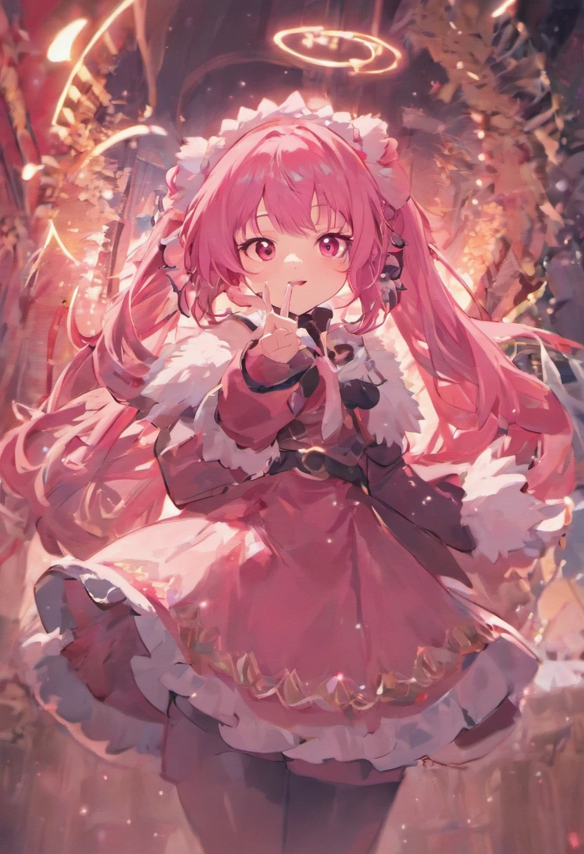 Masterpiece,1girll, serine,Pink_Hair, mitts, black_mitts, fur_Trim, Hat, santa_Costume, Christmas, Open_Mouth, Smile, bell, Solo, Red_Headwear, Pantyhose, White_Background, Pink_Eyes, santa_Hat,