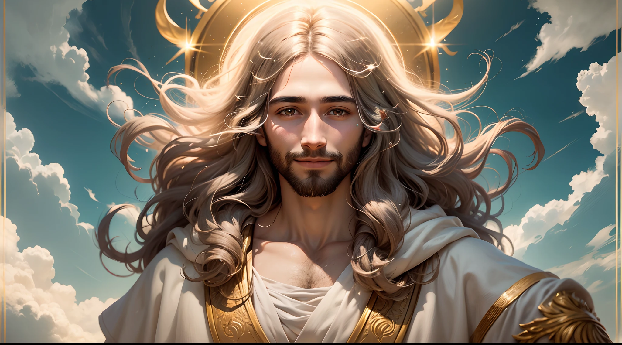 An extremely vivid and illuminated portrait of Jesus with a warm and radiant smile, with a flowing white robe, Glowing golden light and subtle radiance emanating gently from it, Surrounded by blue skies and pristine clouds, in the midst of a soft and peaceful environment.