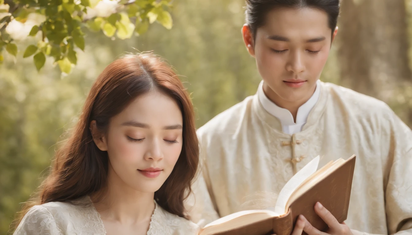 (Best Quality,Ultra-detailed,realisitic:1.37),portrait of a,Korean men and women reading the Bible,Oil Painting,Cathedral attire, View of the cathedral in the distance,Peaceful garden scene,Soft sunlight,tranquil expression,wisdom,Bible Quotes,vibrant colours,delicate brushwork,subtle textures,lush greenery,Contemplative atmosphere,Beautiful picture book,Highlighted features:Eyes in focus,gentle smiling,Graceful posture,Sunlight shining through the trees,rays,Quiet surroundings,serene ambiance,A Blessed Moment