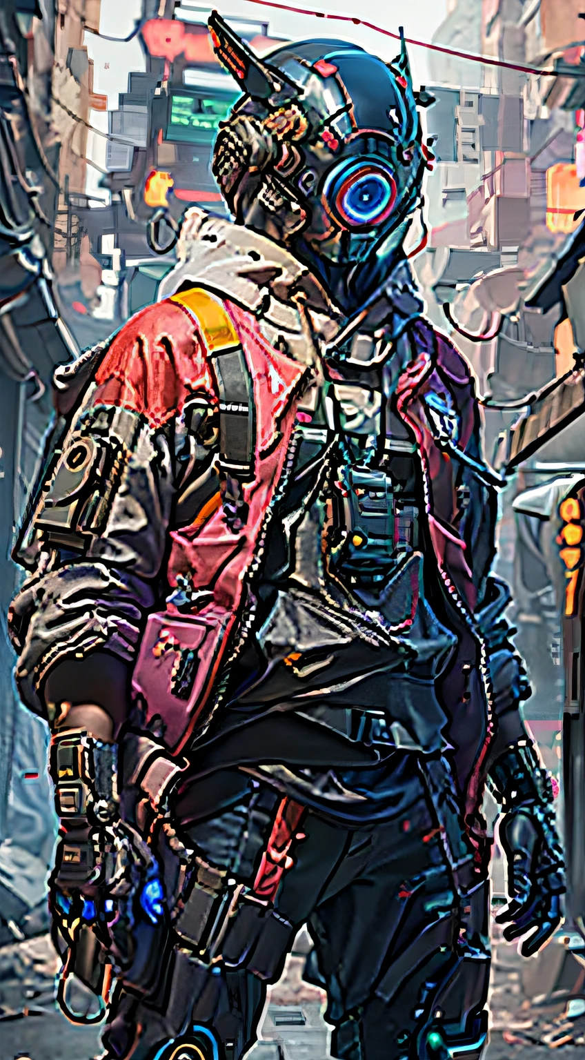 A realistic DSLR photo of a cowboy mecha, wearing a red and blue suit with a backpack. The suit is a mix of Cyberpunk asymmetrical Streetwear and oversized Cyberpunk style. The character is in a dangerous, ghetto-like street environment. He is a futuristic cyberpunk soldier or mercenary, with advanced technology including robotic arms and a cyber helmet with a HUD display. The clothing is all black and baggy, with the hood of the hoodie over the cyber helmet. The scene is lit with cinematic lighting and has a futuristic, intimidating feel. The image is rendered in Octane, at 4k resolution, with Maya and Substance used in the creation process.