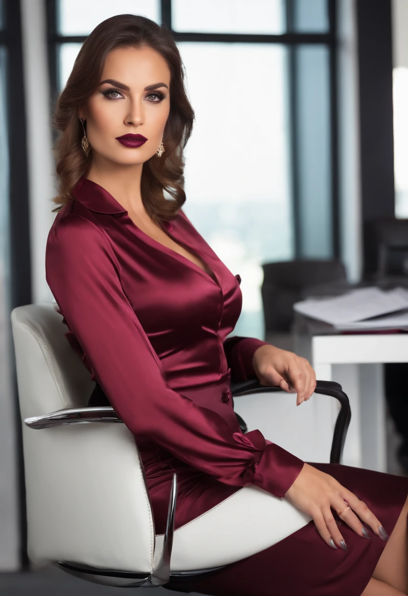 Young business woman.  Busty cleavage.  Sitting in office chair.  Tight fitting, maroon  button-down satin blouse with long sleeves, button cuffs, and dagger collar.