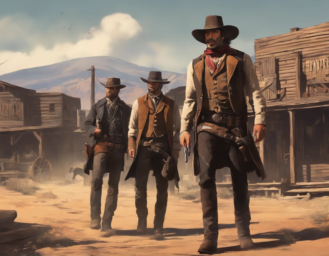 (best quality, highres, ultra-detailed, realistic:1.37), portraits, medium:oil painting, vivid colors, dramatic lighting, Western theme, dusty atmosphere, abandoned saloon, wooden buildings, a setting sun casting long shadows, aged and worn costumes, two rugged Gunslingers, detailed expressions on their faces, intense and focused eyes, weathered skin, characteristic facial hair, distinctive hats, leather holsters, gun belts, Old West revolvers, fingers hovering over the triggers, anticipation in the air, intense standoff, tense atmosphere, suspenseful moment, spectators anxiously watching, empty street, deserted town, a tumbleweed rolling by, Red Dead Redemption 2-inspired scenery, cinematic composition, dynamic angles, action-packed scene