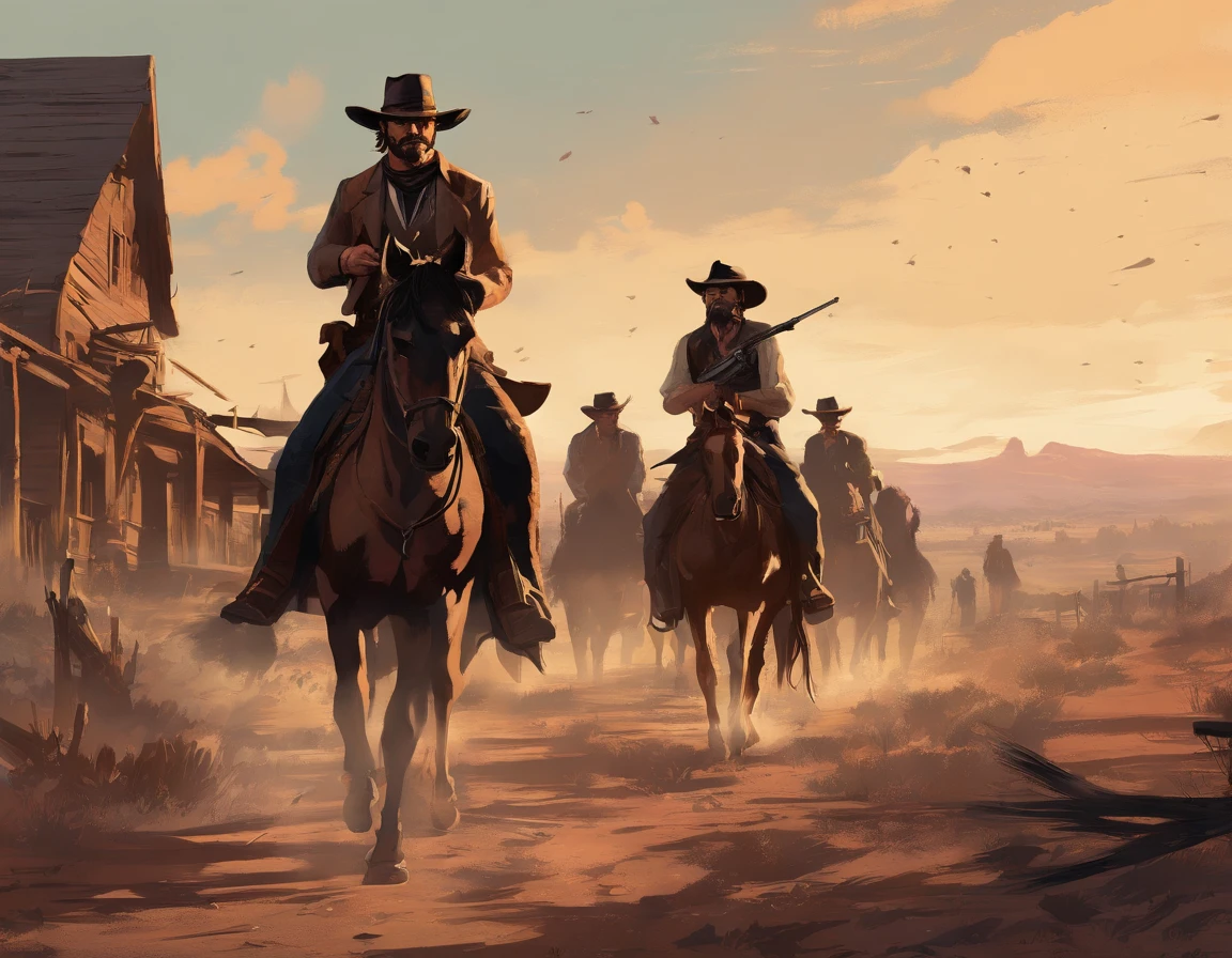 (red dead redemption 2 style,1899 year, 6 outlaws riding horses,gang,art poster,saint Denis city from RDR2 game ,six outlaws.six guys,)
(best quality,4k,8k,highres,masterpiece:1.2),ultra-detailed,(realistic,photorealistic,photo-realistic:1.37),HDR,UHD,studio lighting,ultra-fine painting,sharp focus,physically-based rendering,extreme detail description,professional,vivid colors,bokeh,portraits
,landscape,horror,anime,sci-fi,photography,concept artists
,red orange,deep shadows, warm tones, vibrant colors
,soft, warm natural light, dramatic highlights and shadows, backlighting