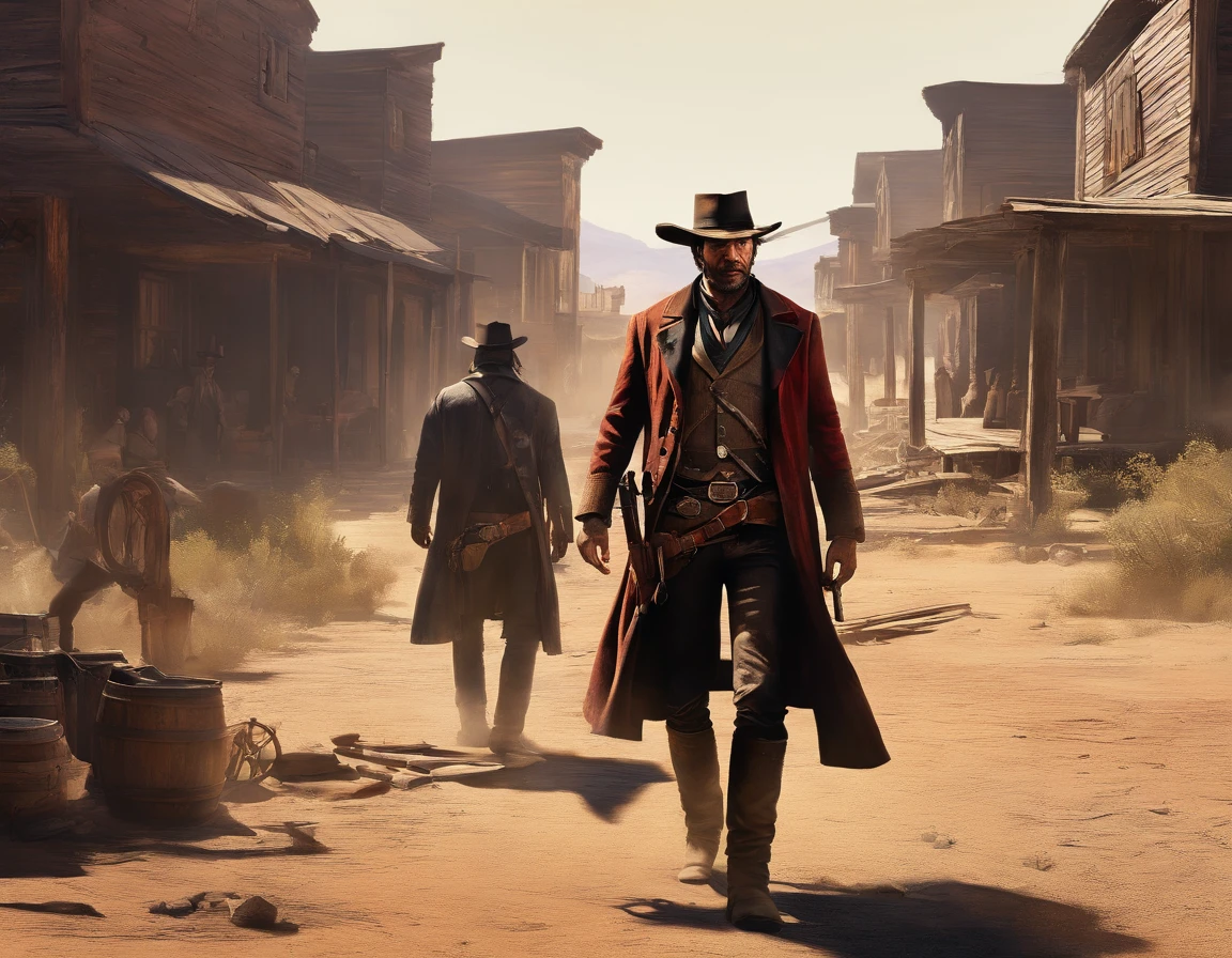 (best quality, highres, ultra-detailed, realistic:1.37), portraits, medium:oil painting, vivid colors, dramatic lighting, Western theme, dusty atmosphere, abandoned saloon, wooden buildings, a setting sun casting long shadows, aged and worn costumes, two rugged Gunslingers, detailed expressions on their faces, intense and focused eyes, weathered skin, characteristic facial hair, distinctive hats, leather holsters, gun belts, Old West revolvers, fingers hovering over the triggers, anticipation in the air, intense standoff, tense atmosphere, suspenseful moment, spectators anxiously watching, empty street, deserted town, a tumbleweed rolling by, Red Dead Redemption 2-inspired scenery, cinematic composition, dynamic angles, action-packed scene