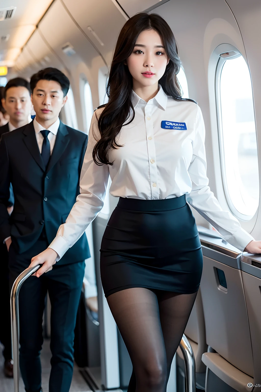 Sexy woman in stewardess uniform、Ukrainian、Ukrainian goddess、jaw-dropping beauty、Wear ultra-realistic pantyhose、Walking down the aisle on an airplane、high-heels、masutepiece, Best Quality, Photorealsitic, Raw photo、8K, High resolution, Detailed skin, 8K UHD, Digital SLR, Soft lighting, High quality, Film grain, FujifilmXT3,
