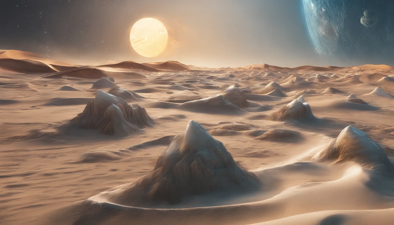 huge planet, the night, starrysky, surrealism, masutepiece, hight resolution、Impressive Milky Way:1.9、sand beach、Vast blue ocean、Blue glacier、lightning bolt:1.9、Protoplanets、pure beauty、Planets to discharge:1.9