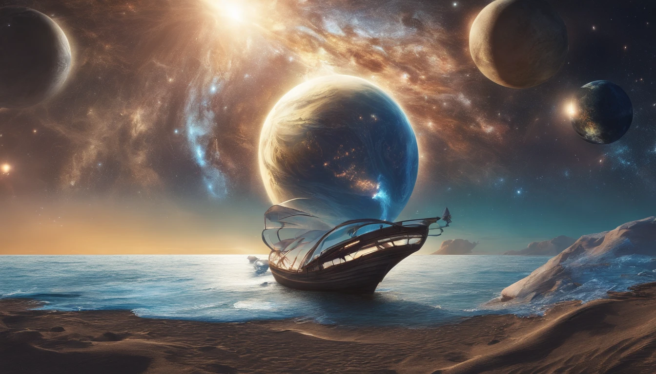 huge planet, the night, starrysky, surrealism, masutepiece, hight resolution、Impressive Milky Way:1.9、sand beach、Vast blue ocean、Blue glacier、lightning bolt:1.9、Protoplanets、pure beauty、Planets to discharge:1.9