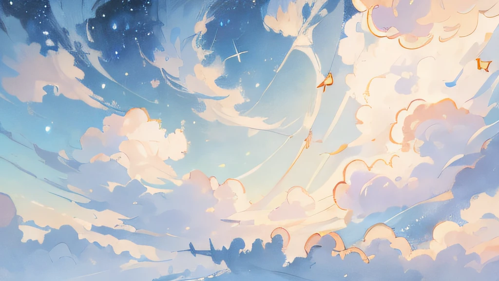 (Best quality),(masterpiece),(ultra detailed),(high detailed),(extremely detailed),Subject: Anime Sky Dreamscapes
Medium: Digital illustration or traditional painting.
Resolution: 4000x2000 pixels.
Color Palette: Soft pastel colors with a mix of vibrant hues.
Mood: Magical, ethereal, and serene.
Composition: Expansive skies with floating islands, whimsical clouds, and other dreamlike elements.
Lighting: Soft, diffused lighting with a warm, golden glow.
Style: Anime-inspired with a touch of fantasy and surrealism.
Details: Include elements such as shooting stars, colorful nebulae, fluffy clouds, and mystical creatures.
Inspiration: Anime fantasy worlds, Studio Ghibli films, surreal art, and celestial imagery.
Camera Setup: None (since it's a digital illustration).
Additional Notes: Emphasize the vastness and beauty of the sky by creating a sense of depth and space. Experiment with various cloud formations and shapes, ranging from fluffy cumulus clouds to wispy cirrus clouds. Incorporate celestial elements like moons, stars, and galaxies to enhance the dreamy atmosphere. Use soft brush strokes and blending techniques to create a seamless and ethereal look. Play with lighting effects, such as gentle rays of sunlight or glowing orbs, to add a magical touch. Consider adding whimsical creatures like flying dragons or floating jellyfish to bring a sense of wonder to the scene. Don't be afraid to let your imagination soar and create a dreamlike world that captures the essence of anime fantasy.