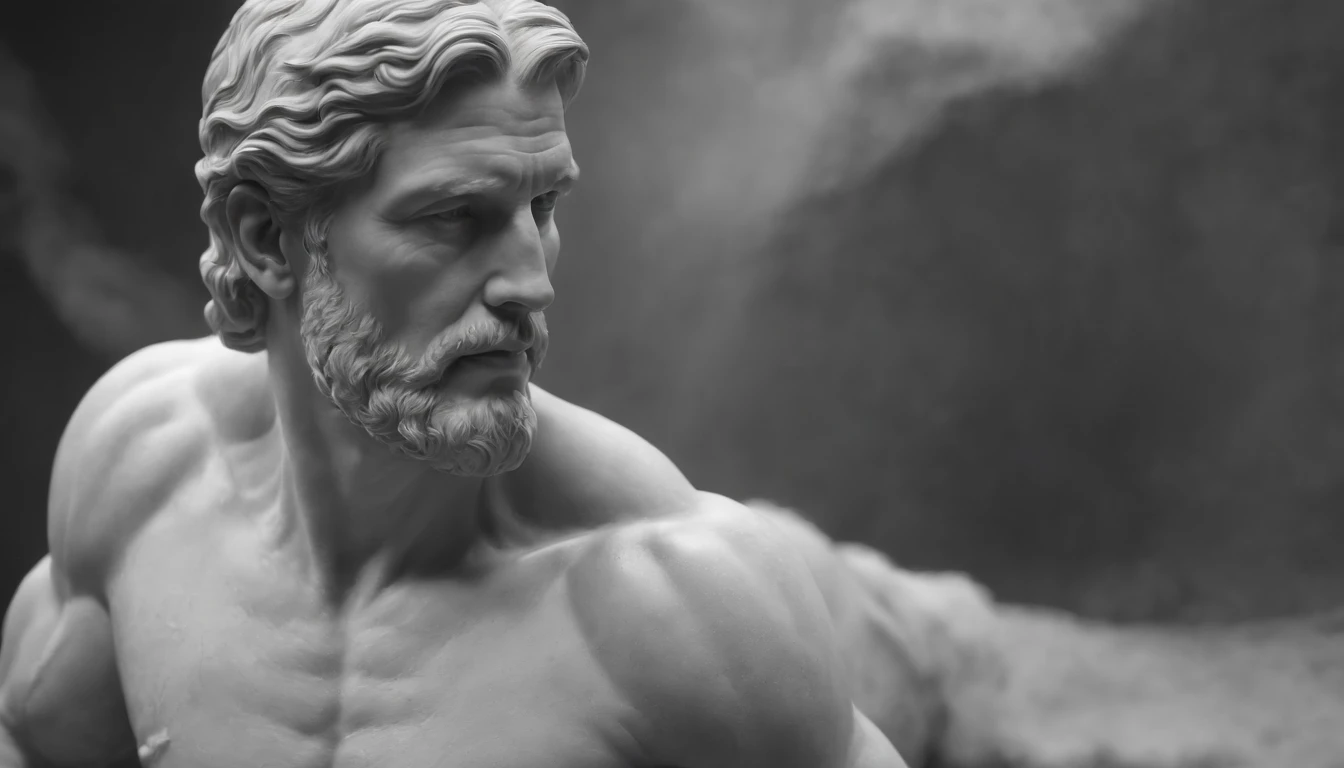 (masterpiece, cinematic, hyperrealistic, superrealistic, hyper-detailed, ultra-detailed, 32k, perfect anatomy, flawless anatomy) An oscar winning 80's Aesthetical Marble sculpture of a muscular stoic man with long beard and looking to a rich in details athens' horizon covered by black ink stains and its body full of slashes and grunge and dust (seen from behind by a large distance) , black and white still, digital Art, perfect composition, beautiful detailed intricate insanely detailed octane render trending on artstation, 8 k artistic photography, photorealistic concept art, soft natural volumetric cinematic perfect light, chiaroscuro, award - winning photograph, masterpiece, oil on canvas, raphael, caravaggio, greg rutkowski, beeple, beksinski, giger