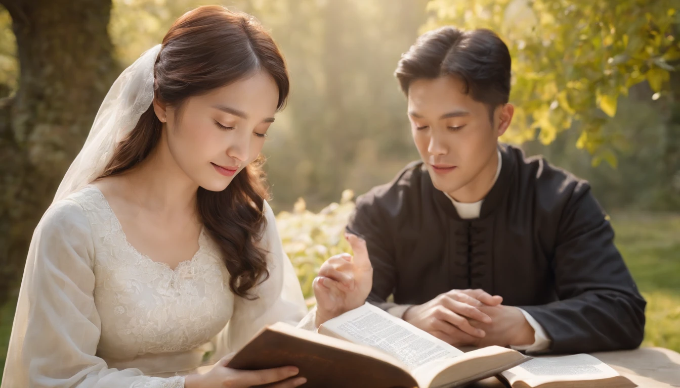 (Best Quality,Ultra-detailed,realisitic:1.37),portrait of a,Korean men and women reading the Bible,Oil Painting,Cathedral attire, View of the cathedral in the distance,Peaceful garden scene,Soft sunlight,tranquil expression,wisdom,Bible Quotes,vibrant colours,delicate brushwork,subtle textures,lush greenery,Contemplative atmosphere,Beautiful picture book,Highlighted features:Eyes in focus,gentle smiling,Graceful posture,Sunlight shining through the trees,rays,Quiet surroundings,serene ambiance,A Blessed Moment