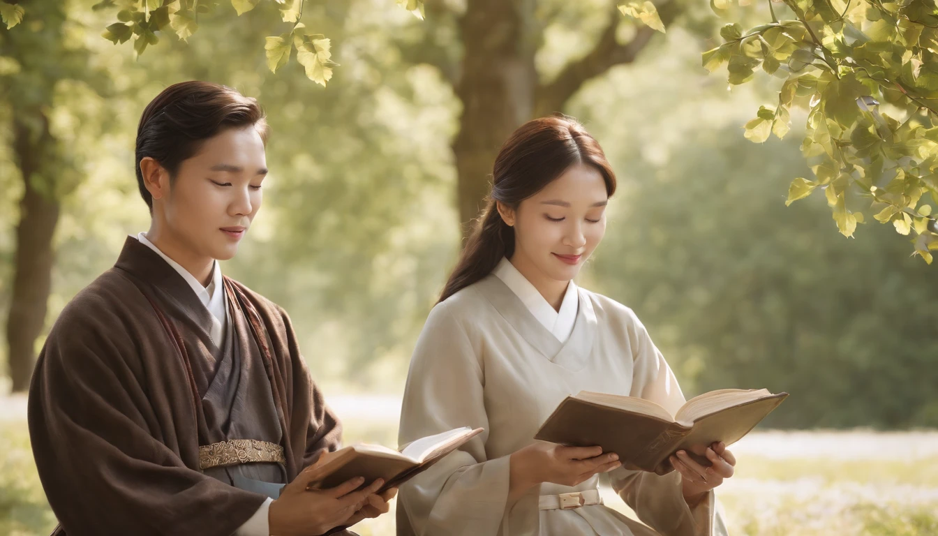 (Best Quality,Ultra-detailed,realisitic:1.37),portrait of a,Korean men and women reading the Bible,Oil Painting,Cathedral attire, View of the cathedral in the distance,Peaceful garden scene,Soft sunlight,tranquil expression,wisdom,Bible Quotes,vibrant colours,delicate brushwork,subtle textures,lush greenery,Contemplative atmosphere,Beautiful picture book,Highlighted features:Eyes in focus,gentle smiling,Graceful posture,Sunlight shining through the trees,rays,Quiet surroundings,serene ambiance,A Blessed Moment