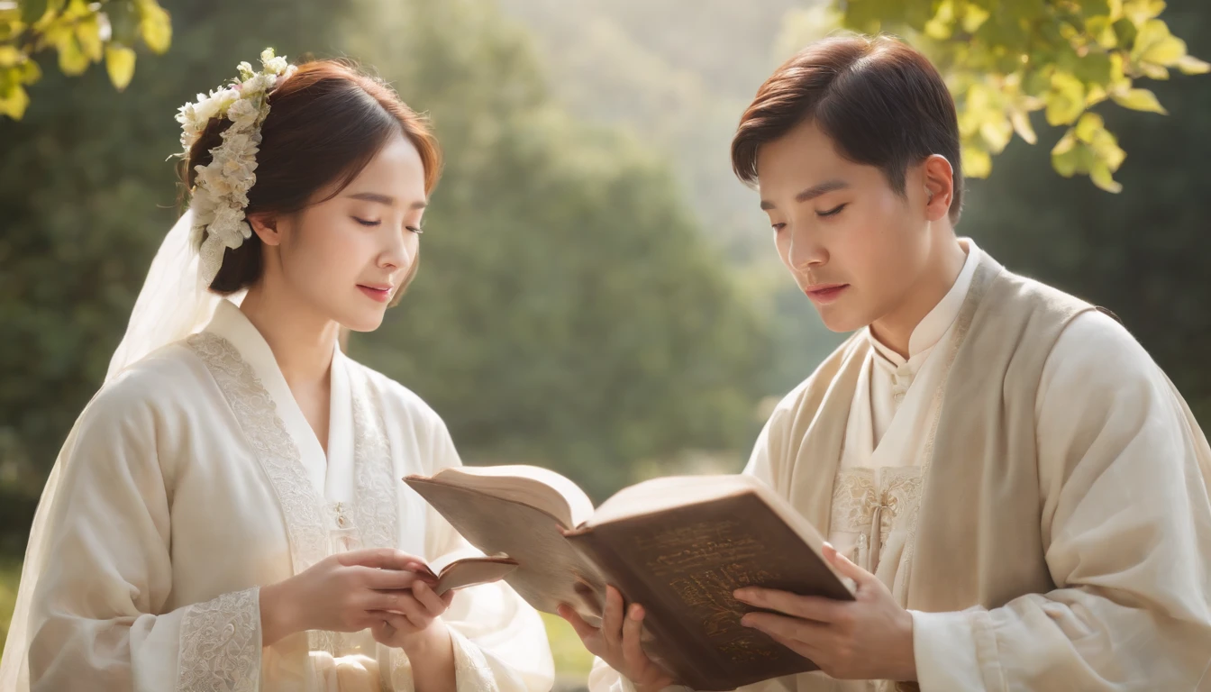 (Best Quality,Ultra-detailed,realisitic:1.37),portrait of a,Korean men and women reading the Bible,Oil Painting,Cathedral attire, View of the cathedral in the distance,Peaceful garden scene,Soft sunlight,tranquil expression,wisdom,Bible Quotes,vibrant colours,delicate brushwork,subtle textures,lush greenery,Contemplative atmosphere,Beautiful picture book,Highlighted features:Eyes in focus,gentle smiling,Graceful posture,Sunlight shining through the trees,rays,Quiet surroundings,serene ambiance,A Blessed Moment