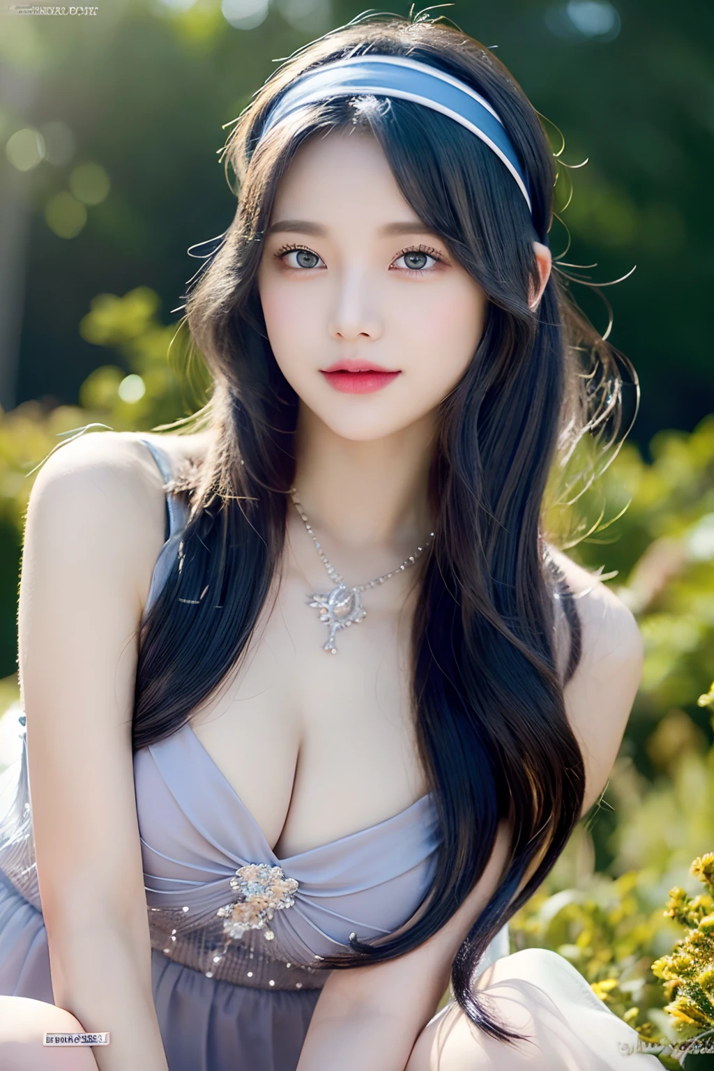 (((full body seen)))、(((sexy  pose)))、see -through 、(Luxurious dresses)、((Being at sea))、

（realisticlying：1.2）,best qualtiy,hightquality、rich colourful,best qualtiy, ultra - detailed,beautifuldetails， Reflective hair,good lighting,astounding,finedetail、 intricate-detail， hight resolution， Very sophisticated、Beautiful fece,beatiful detailed eyes， nffsw， Round eyes, （Round pupils：1.4）,（beautiful and delicate eyes）（extra detailed face））,（alluring face）（evil smile：1.3）， Parted Lip， moody light、Best Quality，hight resolution，extremely detailed 8K，Beautiful girl with busty body，（hyper HD，ultra - detailed，high detailing，high realistic，Ultra-realistic，photorealisim）,（realistic black hair），long curly hair、Light blue eyes
（beautiful and detailed face，beautiful and delicate eyes），Luminous,（Sunlight，Sunlight）
Cover only the chest with your hands、Lace pantyhose、Lace gloves、pearls necklace,Mole under the eyes, ((gray-blue hair，headbands，head band))，Crystal Shining Necklace，