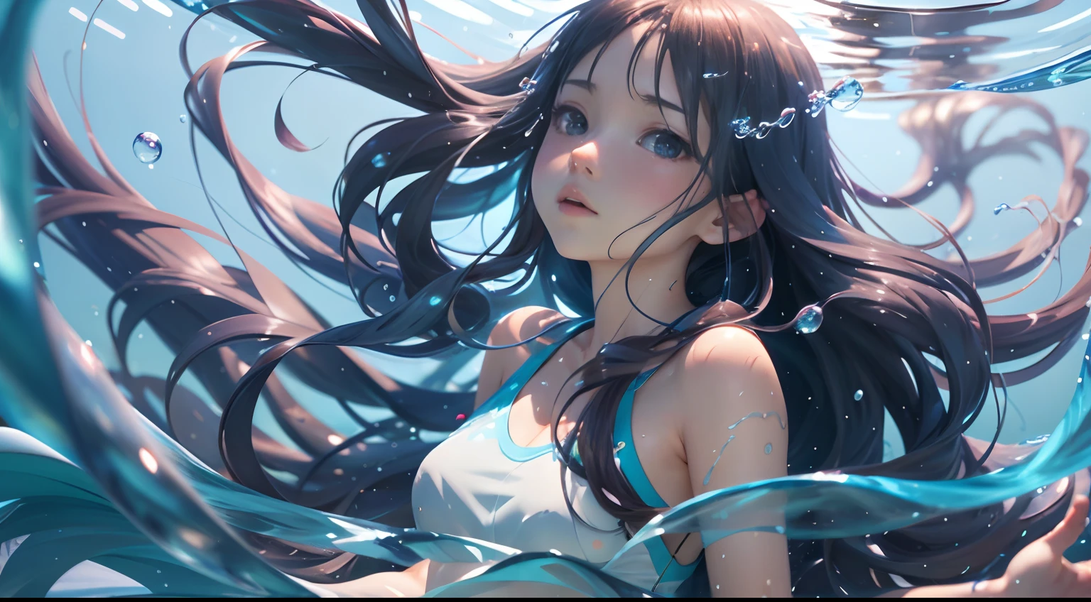Anime girl with long hair floating in water with bubbles, Guviz-style artwork, Blue sea. By Makoto Shinkai, Guviz, Beautiful digital artwork, In the water, author：yanjun cheng, In water, Realistic anime 3 D style, Beautiful digital illustration, realistic water, studio glibly makoto shinkai