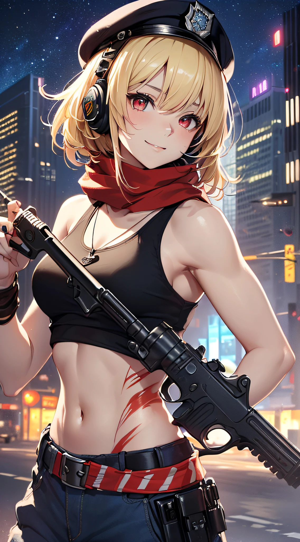 top-quality、Top image quality、masterpiece、girl with((18year old、Blue navel tank top、Military pants、Best Bust、Bust 90、Blonde Away Tail、Red Eyes、open chest wide、Valley、Happiness、A slender、ssmile、black bandana、Holding a revolver in your right hand,Earphone jack in ear、Red Body Paint、Shooter、Black scarf、dog tag、a little muscular、nffsw、Point the gun forward、))hiquality、Beautiful Art、Background with((nightcity、police officers、police cars、Criminals being taken away))、masutepiece、Elaborate design、visualart、