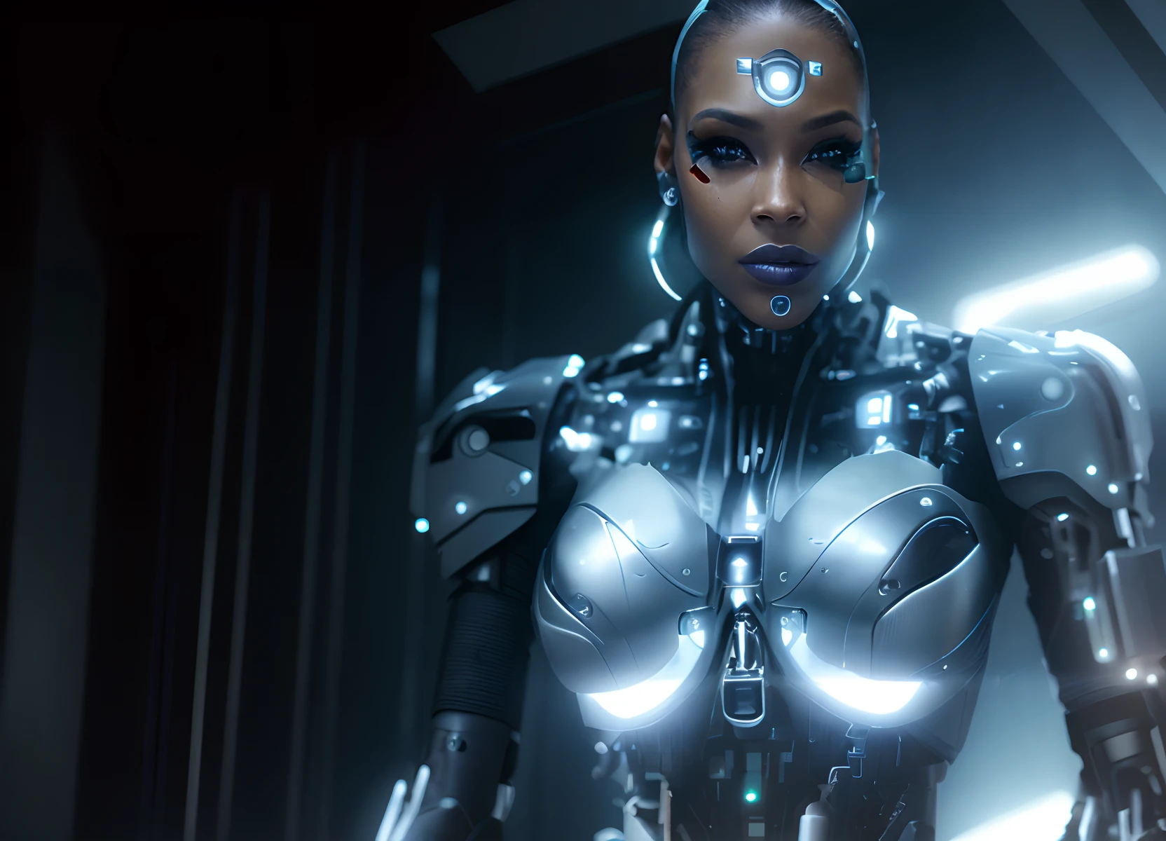 There is a woman in a futuristic costume, holding a knife, Image of a beautiful cyborg, Beautiful cyborg woman, perfect cyborg female, Beautiful alluring cyborg woman, cyborg woman, Beautiful cyborg woman, Shot from the movie about a cool cyborg, cyborg fashion shot, cyborg fashion model, African Android Woman, Evil Cyborg Woman, A still from a movie about a cyborg, Teenage black cyborg