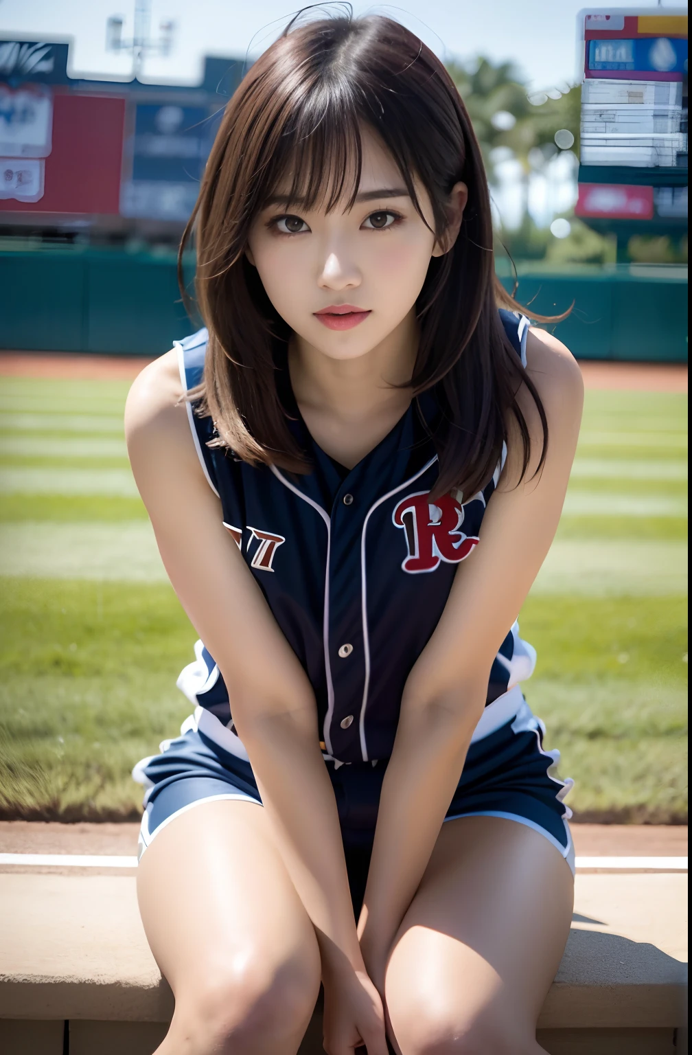 (8K, Raw photo, top-quality, masterpiece: 1.2), masterpiece, super detailing, Ultra-high decomposition energy A, (Realistic and realistic photos: 1.37), high-definition RAW color photography, Very delicate and beautiful., About Igree, 8K Wallpaper, astonishing, detaileds, extremely detailed eye, highlydetailed skin, extremely detailed fingers, highly detailed nose, highly detail mouth, perfect anatomia,1girll, (Baseball Uniforms), hazy, blured background, Blurred foreground, blush, braid, pectoral muscles, depth of fields, eyebrows visible through hair, Frild, hair between eye, Baseball Stadium, jewely, look up at viewer, Short hair, Sitting, Solo, Colossal tits、乃木坂アイドル、韓国アイドル、hposing Gravure Idol、 Star、18year old、tall、韓国アイドル、乃木坂アイドル、 Star、hposing Gravure Idol、((full body Esbian)), ((Gravure Pose))