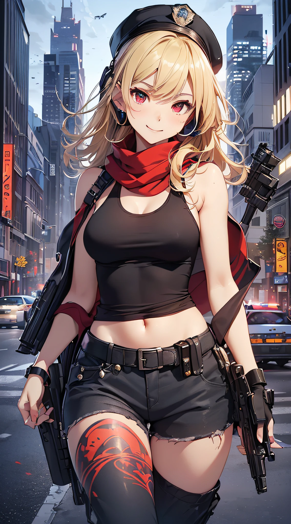top-quality、Top image quality、masterpiece、girl with((18year old、Blue navel tank top、Military pants、Best Bust、Bust 90、Blonde Away Tail、Red Eyes、open chest wide、Valley、Happiness、A slender、ssmile、black bandana、Holding a revolver in your right hand,Earphone jack in ear、Red Body Paint、Shooter、Black scarf、dog tag、a little muscular、nffsw、Point the gun forward、))hiquality、Beautiful Art、Background with((nightcity、police officers、police cars、Criminals being taken away))、masutepiece、Elaborate design、visualart、